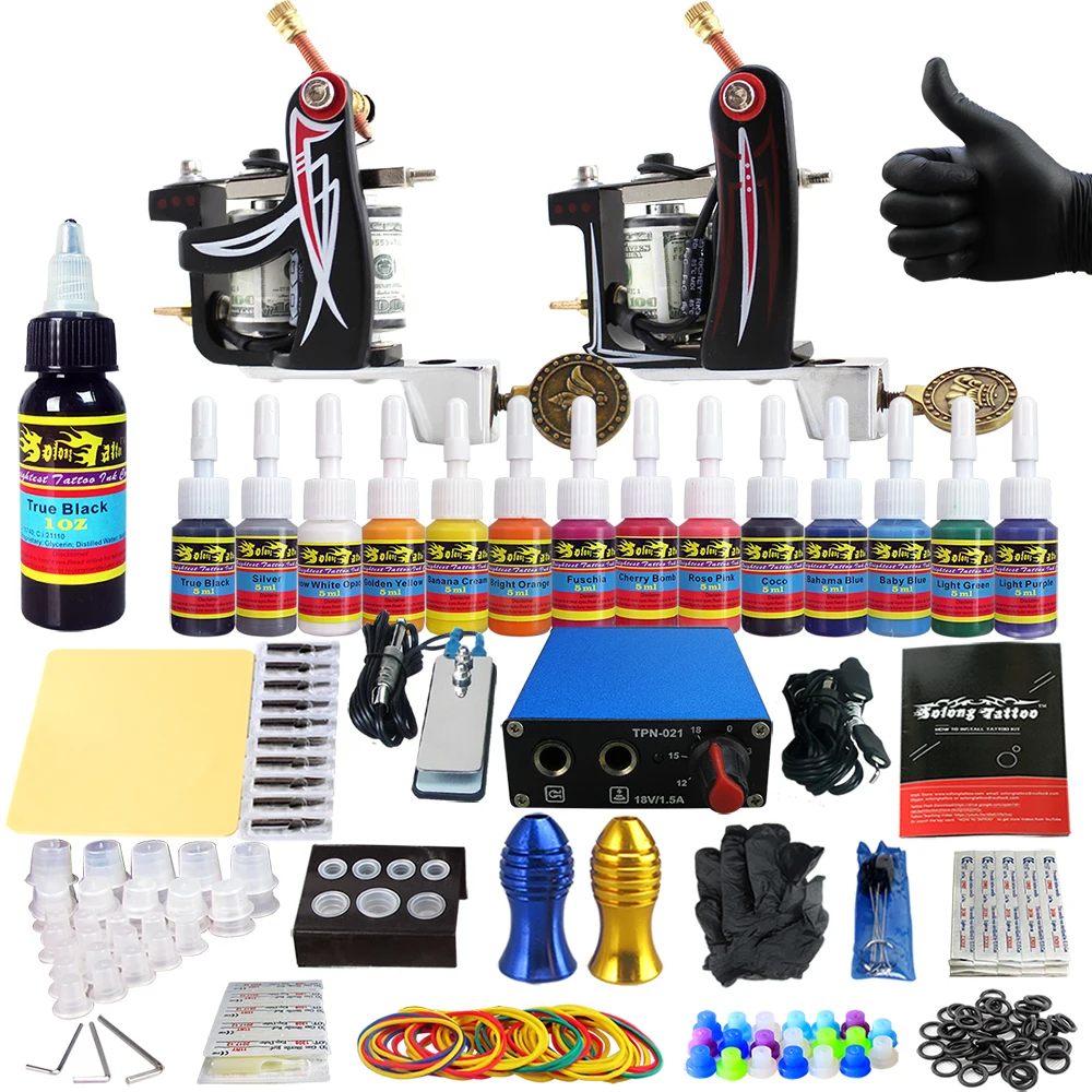 Conjunto de 14 Solong Tatuagem Completa Kits Metralhadora Iniciante Tintas Agulha Apertos pé Pétala Fonte Alimentação Tk203-10 2 2 Kits de tatuagem