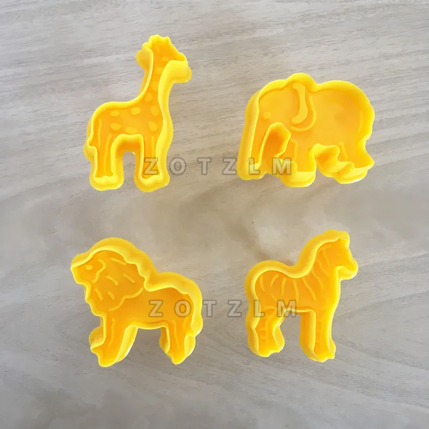 

4 pcs/set Cartoon Animals Plastic Cookie Cutters Elephant Giraffe Lion Zebra Shape Plunger Tools Pastry Cake Biscuit Mold SLP142