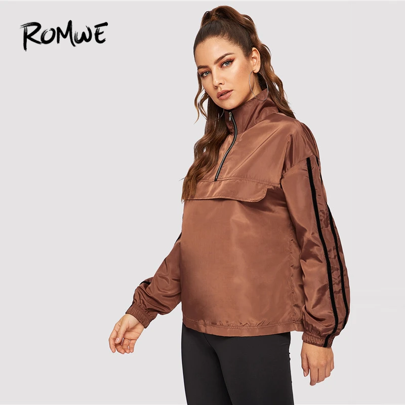 Most effective  ROMWE Striped Sleeve Half Placket Windbreaker Jacket 2019 Women Spring Autumn High Neck Coat Brown 