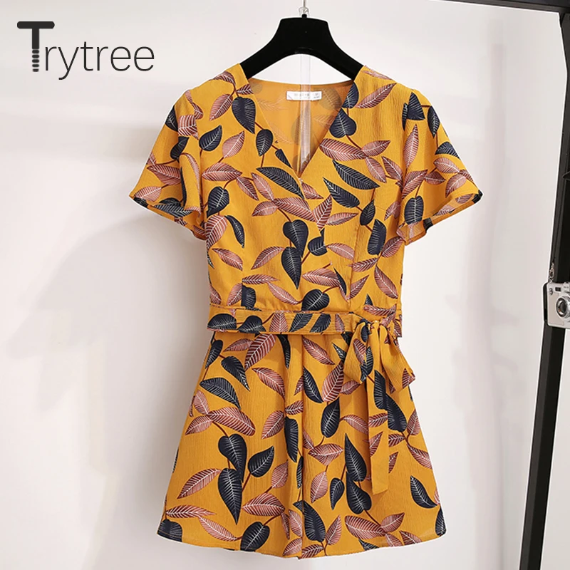 

Trytree Summer Women two piece set Casual Print V-Neck Ribbons Bow Tops + Shorts Elastic Waist Vacation Style Suit 2 Piece Set