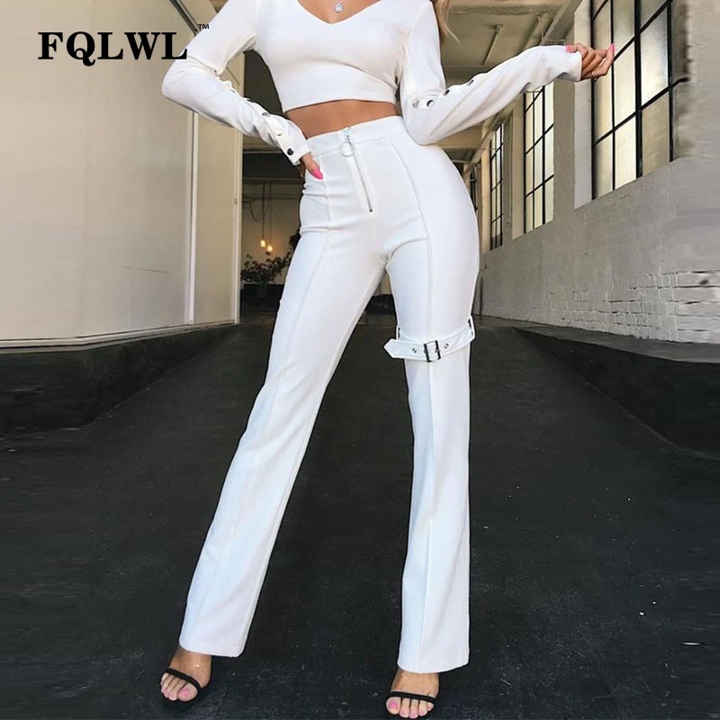 

FQLWL Streetwear High Waist Sexy Pants Women Trousers Solid Zipper White Black Skinny Pants Female Bandage Bodycon Casual Pants