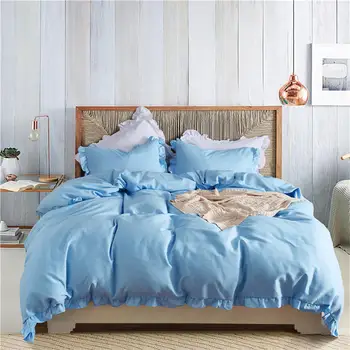 

Luxury Baby Blue Solid duvet cover Desgined ruffle Standard US Queen size 3pcs/set wedding girls bedding quilt capa de edredon