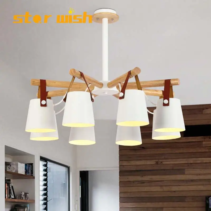 

Nordic Designer wood Chandelier Lighting Modern LED Chandeliers With Iron Lampshades Wooden Hanging Lighting 110V 220V
