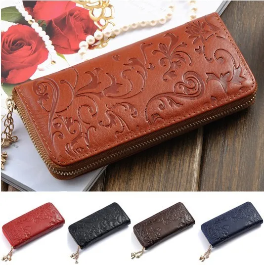 Hot Selling Genuine Leather Wallet Women Zipper Around Purse Flower pattern Lady Long Wallets Bags Handbags,ANS-OL-60017QN