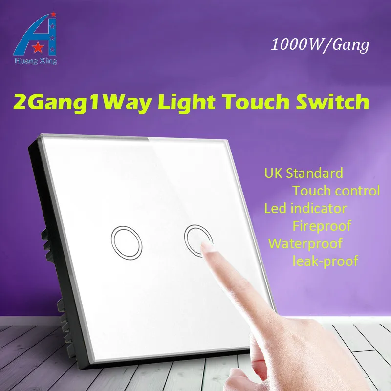 

UK Standard Touch Switch screen 2 Gang 1 Way, HUANGXING New Crystal Glass Panel 1000W wall Light switch 110-240V, free shipping