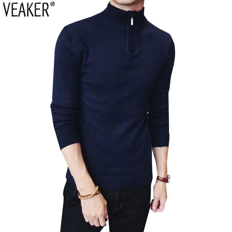 

2018 Autumn New Men's Turtleneck Sweaters Pullover Male Sexy Slim Fit Zipper Knitted Pullovers Solid Color High Neck Sweater
