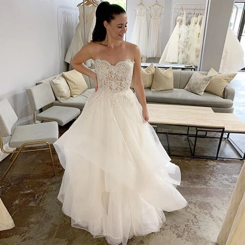 

Illusion Bodice Wedding Dresses Sweetheart Neckline Appliques Bead Vestido De Novia Tiered Tulle Skirt Bridal Dress Chapel Train