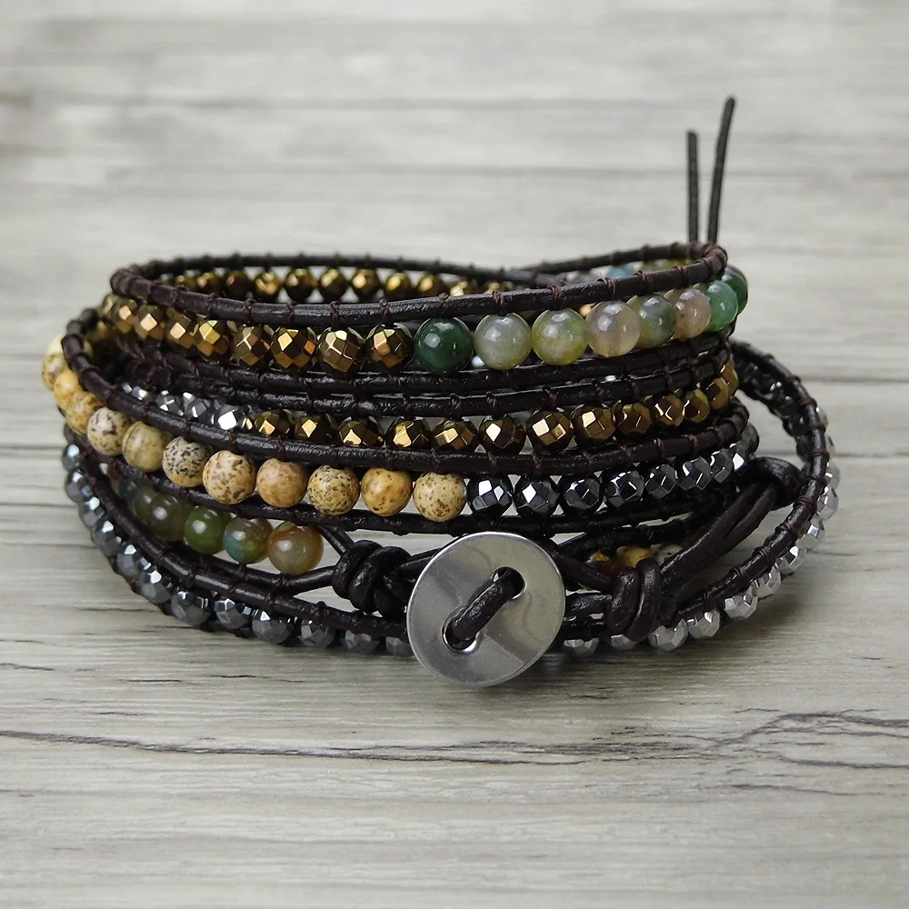 5 wraps bead bracelet gypsy leather bracelet hematite bead bracelet