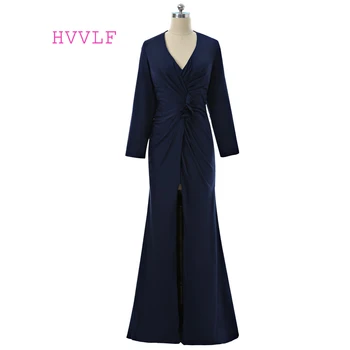 

Navy Blue 2019 Formal Celebrity Dresses Mermaid Deep V-neck Long Sleeves Taffeta Long Evening Dresses Famous Red Carpet Dresses