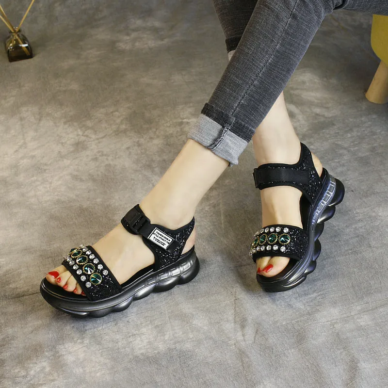 

Women Sandals Crystal 5 CM High Heels Wedge Shoes Summer Women Ankle Strap Black Casual Sandals Women 2019 Fashion135
