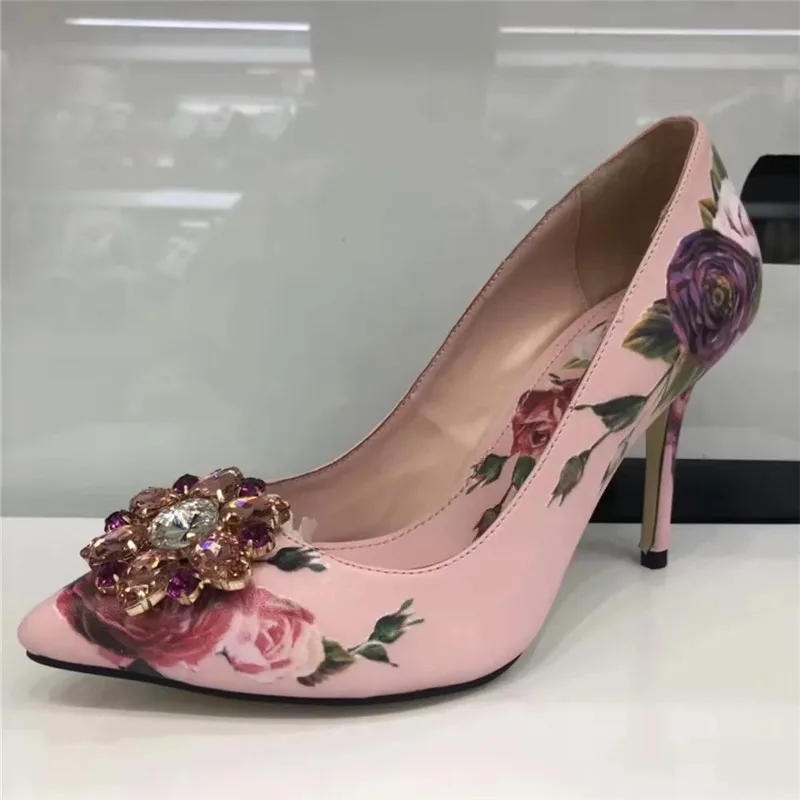 Весенние милые босоножки на тонком высоком каблуке, украшенные кристаллами; женские туфли с острым носком, украшенные стразами; zapatos mujer - Цвет: Pink Heel 10cm