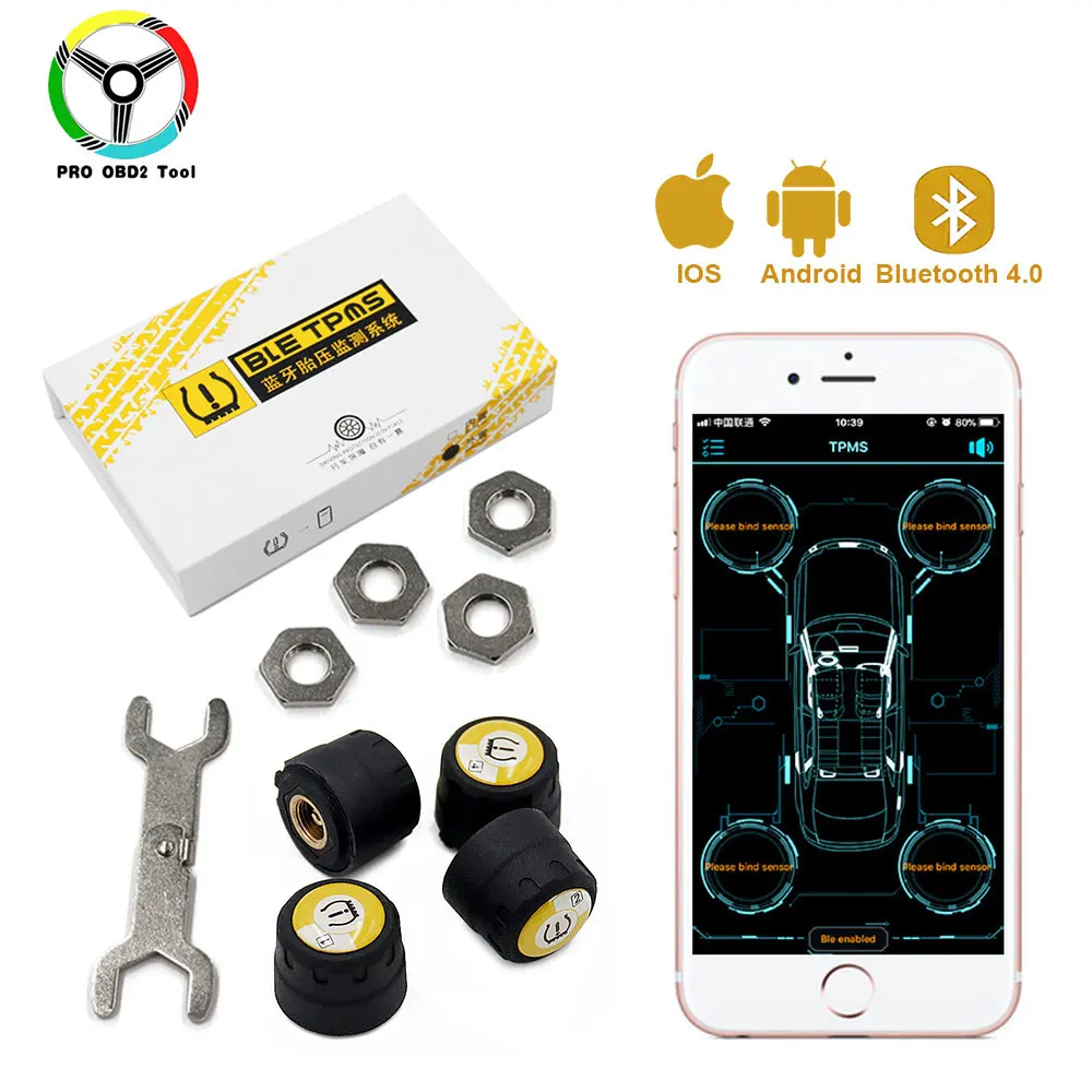 Newest 4 Pieces Outer Sensors TPMS Bluetooth 4.0 Car TPMS Tire Pressure Monitoring System BLE TPMS Low Energy For Android iOS