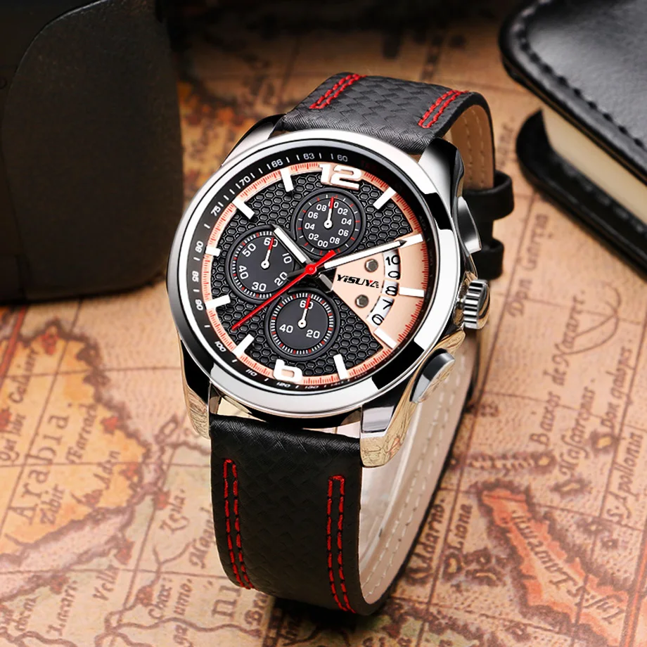 YISUYA Mens Watch Chronograph Military Pilot Sport Quartz-watch Red Snitch Date Day Calendar Mans Wristwatch Relogio Masculino (10)