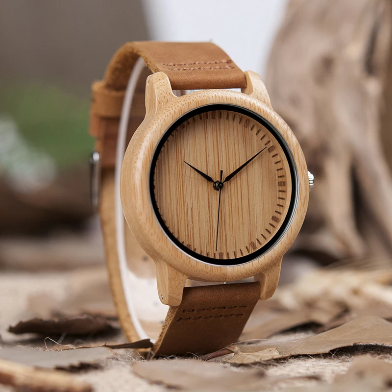 BOBO BIRD Simple Men Bamboo Watches 43mm Wood Dial with Leather Strap in Gift Box