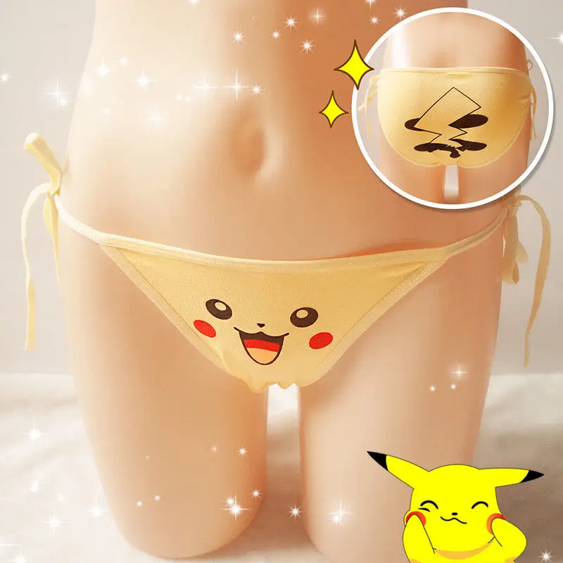 

Japanese Cute Lolita Panties Anime Briefs Cosplay Lace-up Underwear Kawaii Girl Yellow Pikachu Print Cotton Intimate Panties