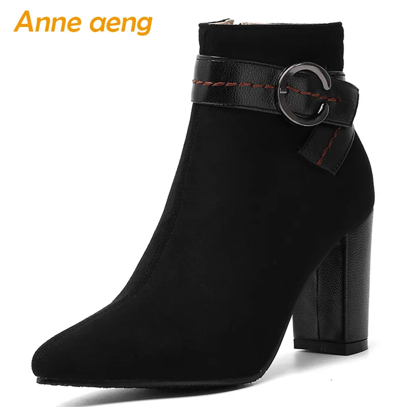 

2019 New Winter Women Ankle Boots High Square Heels Pointed Toe Zipper Sexy Ladies Women Shoes Black Warm Boots Big Size 33-46