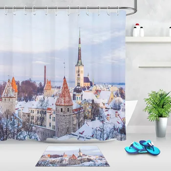 

Town Snow Scene Shower Curtain And Bath Mat Set Nature Bathroom Mildew Resistant Waterproof Polyester Fabric For Bathtub Decor