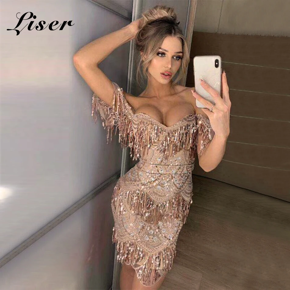 Liser 2019 New Summer Women Dress Strapless Sequined Sexy Bodycon Chic Celebrity Party Apricot Dresses Vestidos Wholesale | Женская