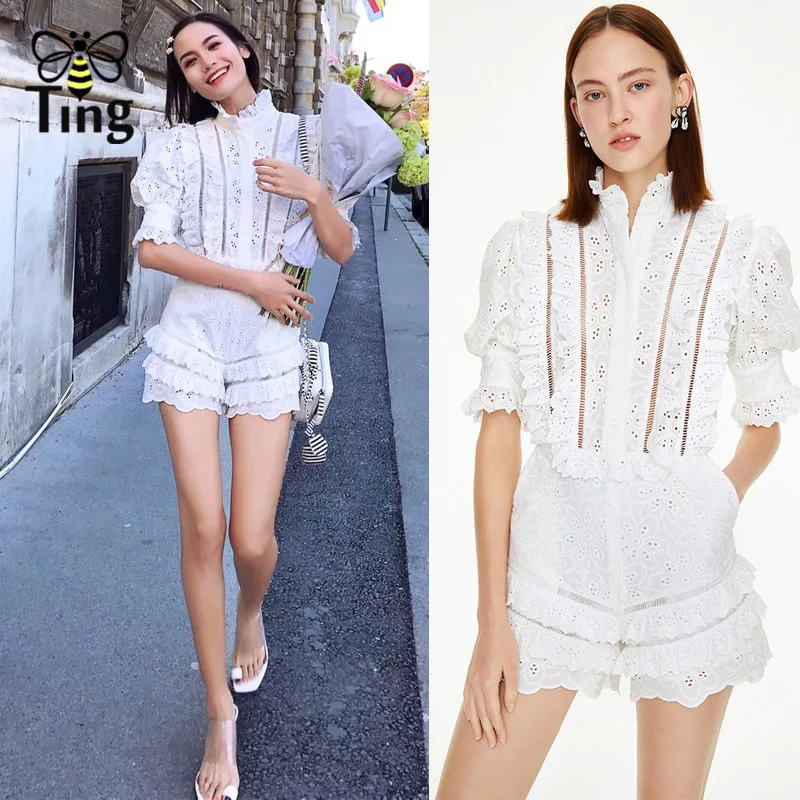 

Tingfly Summer Autumn Designer Lace Playsuit Women Casual Ruched Ruffles Hollow Out Cut Out Jumpsuits White Lace Short Playsuit