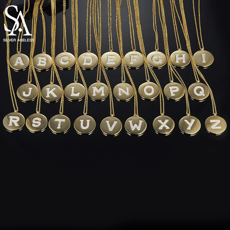 

SILVER AGELESS Real 925 Sterling Silver Letter Necklace A-Z English Word Round Pendant Silver Necklace Zircon Gold Necklace