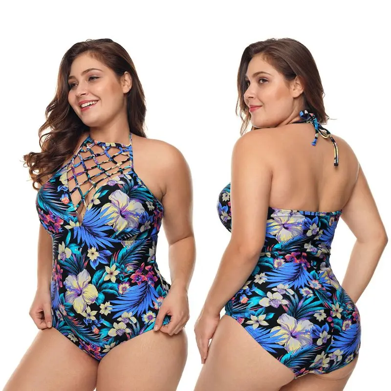 Женское сексуальное цельное бикини большого размера с перекрещивающимися бретелями и v-образным вырезом, с тропическими цветочными листьями, с открытой спиной, купальный костюм
