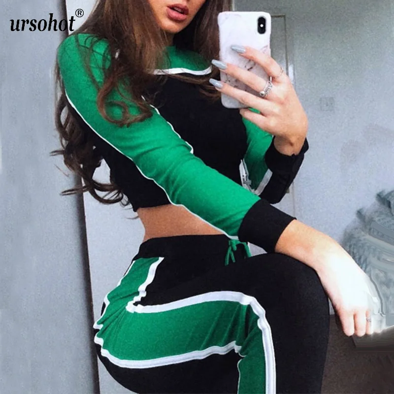 Ursohot الألوان المرقعة اثنين من قطعة مجموعات النساء تراكسويت 2018 الخريف الشتاء مخطط بلوزات المحاصيل قمم يغطي الرجل وتتسابق رياضي Ursohot الألوان المرقعة اثنين من قطعة مجموعات النساء تراكسويت 2018 الخريف الشتاء مخطط بلوزات المحاصيل قمم يغطي الرجل وتتسابق رياضي