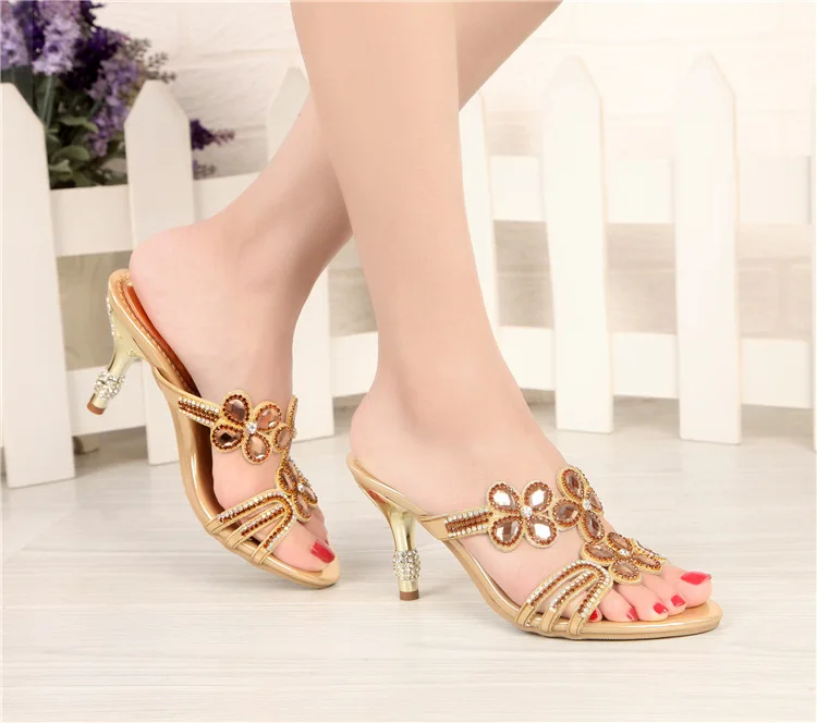 G-sparrow 2018 Women Summer Fashion Diamond High Heeled Slippers Ladies Crystal Peep Toe Shoes Golden Purple Black 8cm5