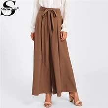 Sheinside 2018 Loose Wide Leg Pants Elegant Coffee Mid Waist Self Belted Bow Skirt Palazzo Pants Women Plain Long Trousers