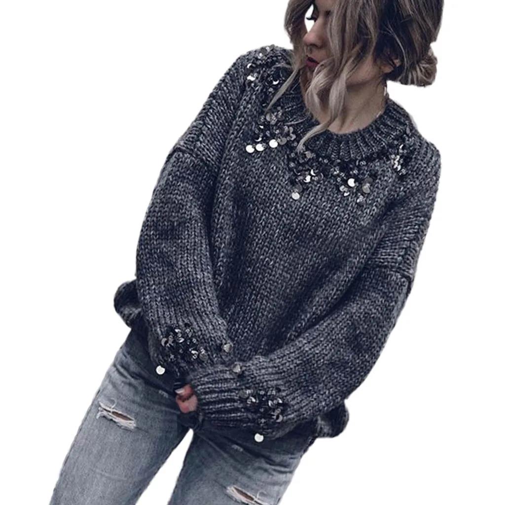 

Women Sequins decorated winter Pullover Loose O-Neck Long Sleeve knitted sweater fluffy Deep Gray sweaters fashion 2019 women