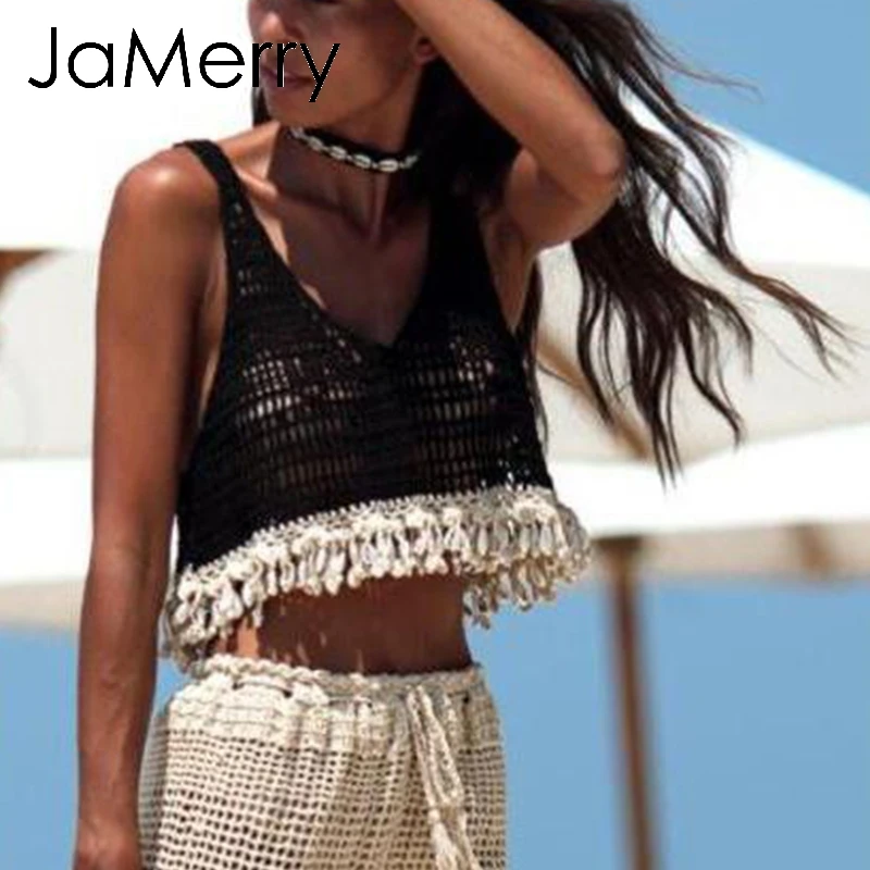 JaMerry, Ретро стиль, ручная работа, Топики, для женщин, накидка, летняя, открытая, трикотажная, Топики, купальники, для отдыха, пляжная одежда, майка, купальник - Цвет: Черный
