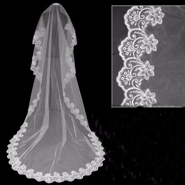 

Delightful velos de novia Bride Bridal Veils Accessories 3 Meters Long Lace Tulle Head Wedding Veils 2019
