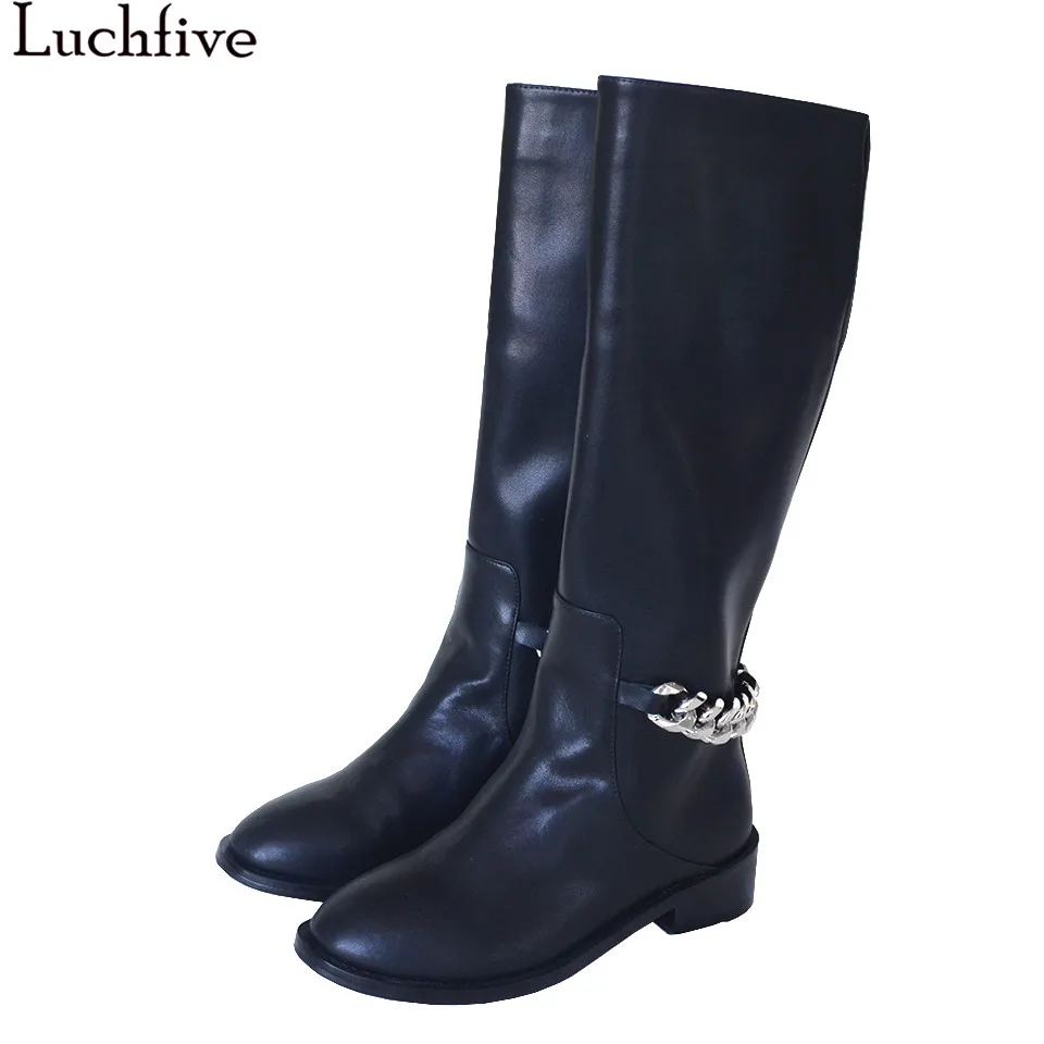 

Fall winter shoes women knight knee high boots med heels metal chain decor long botas mujer chelsea ankle boots bota feminina