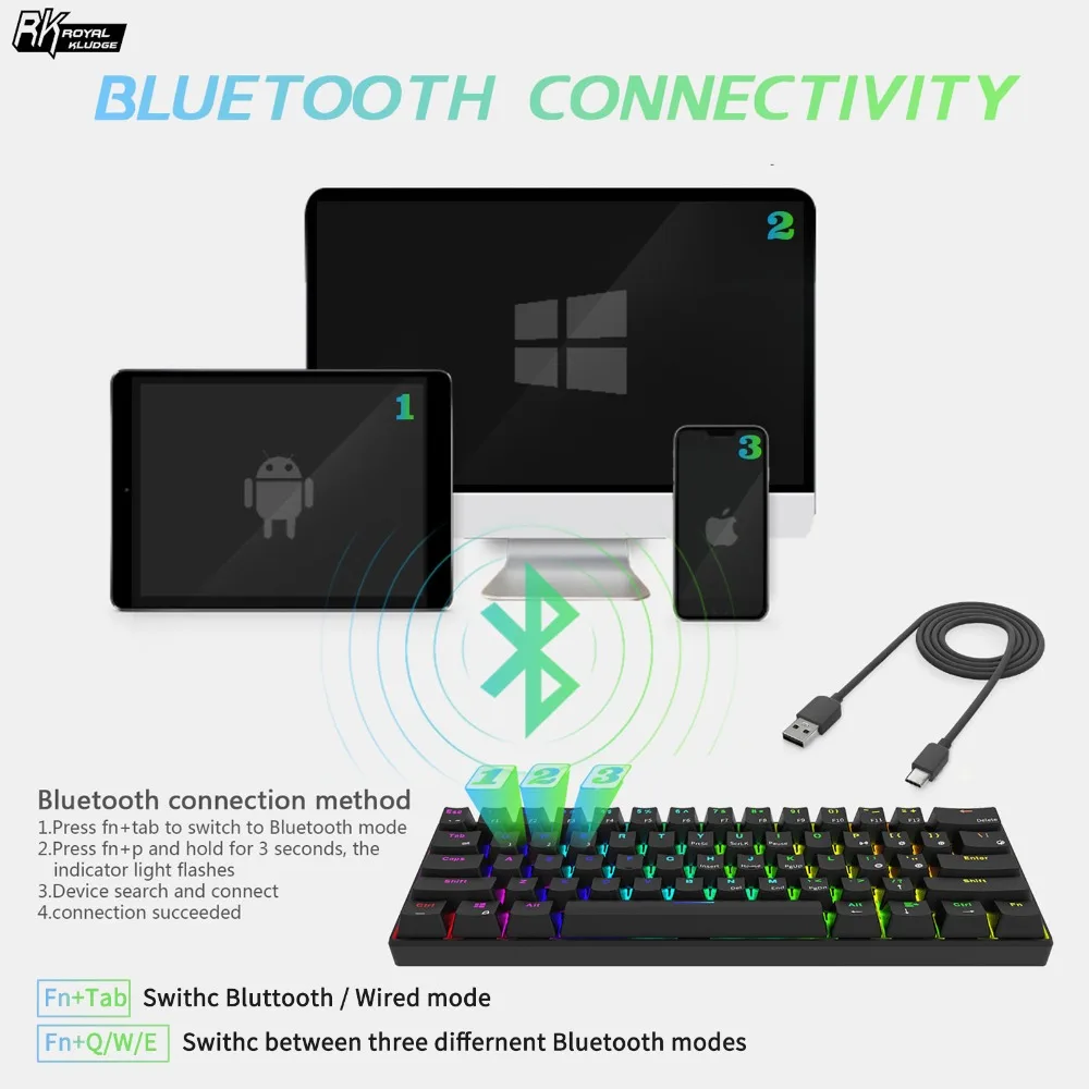 RK61 Беспроводной Bluetooth Механическая игровая Портативный 60% Клавиатуры 61 клавиш rgb-пульт одной светодиодной подсветкой Подсветка, темно-синий, коричневый, красный переключатель