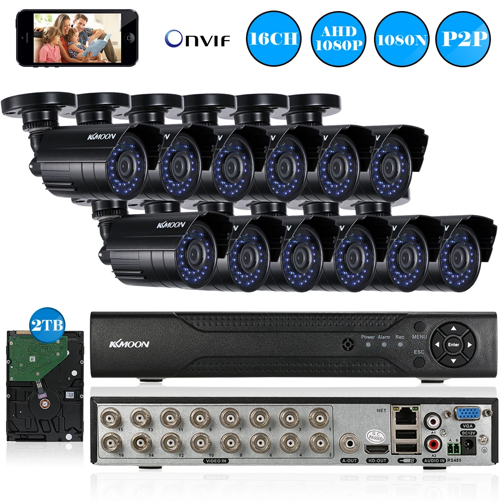 KKmoon 1080N DVR CCTV 12CH 1080 P AHD водонепроницаемый ИК-детектор движения ночного видения CCTV камера система безопасности PAL Система 2 ТБ HDD