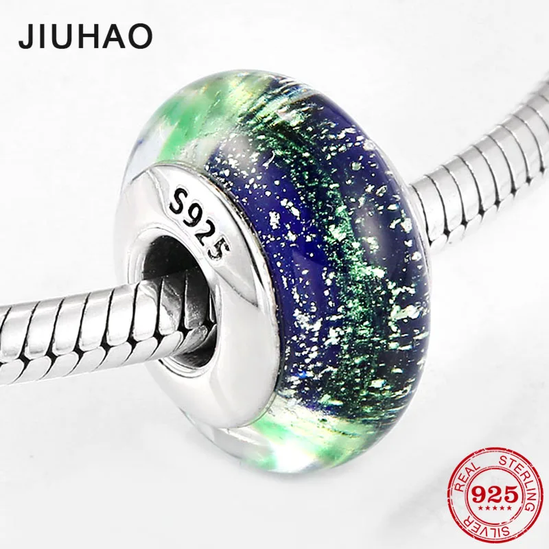 Fit Pandora талисманы Серебро 925 оригинальный браслет бусины 925 пробы Серебряный Сияющий Синий Зеленый бусина из муранского стекла для женщин