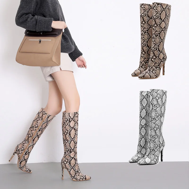 

11.11 Women Knee High Boots Sexy Snakeskin Riding Zip Women Shoes Thin High Heels Women Boots Fashion Shoes Female Party Boots