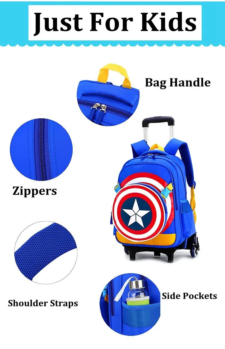 Kids Boys Wheels Blue Backpack Bag Luggage Rolling School Book Pack Trolley Bags