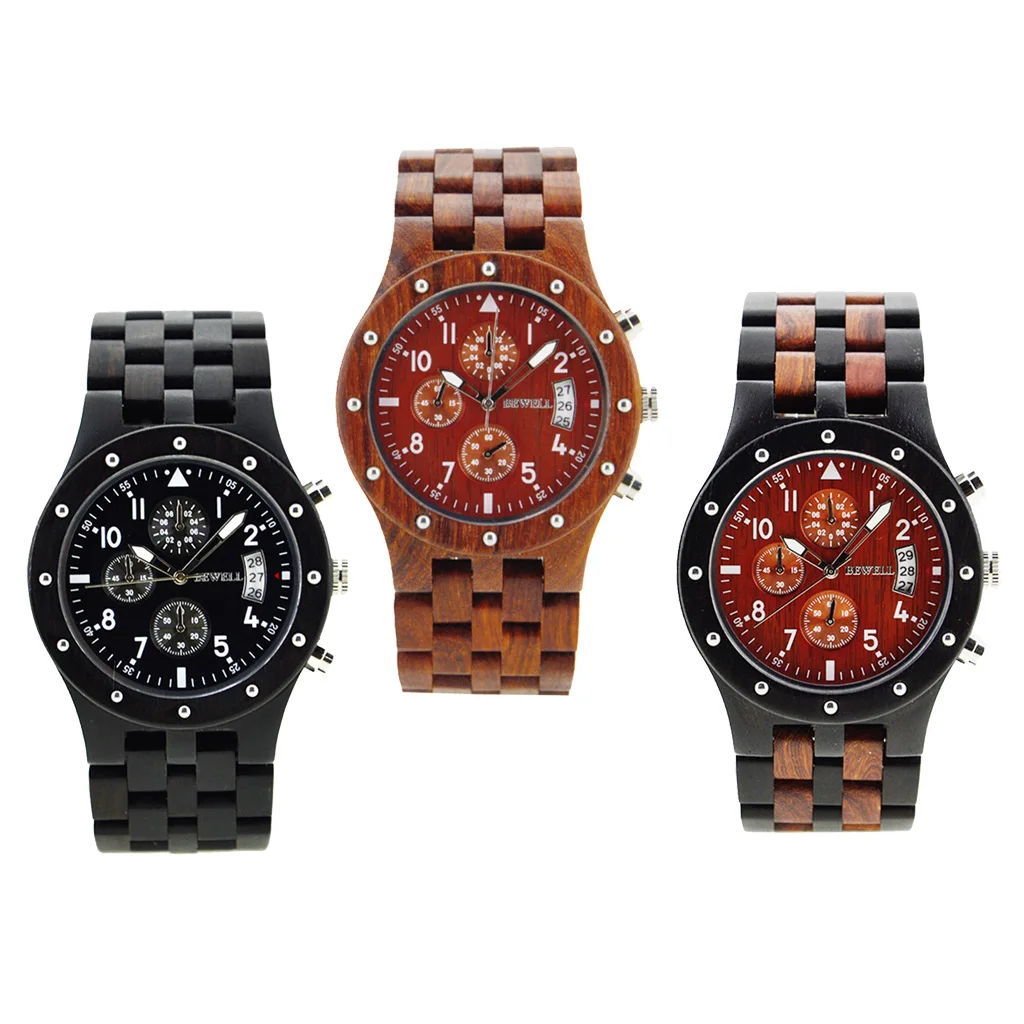 

Bewell Sub-dials Wooden Watch Quartz Analog Movement Date Wrist Watch