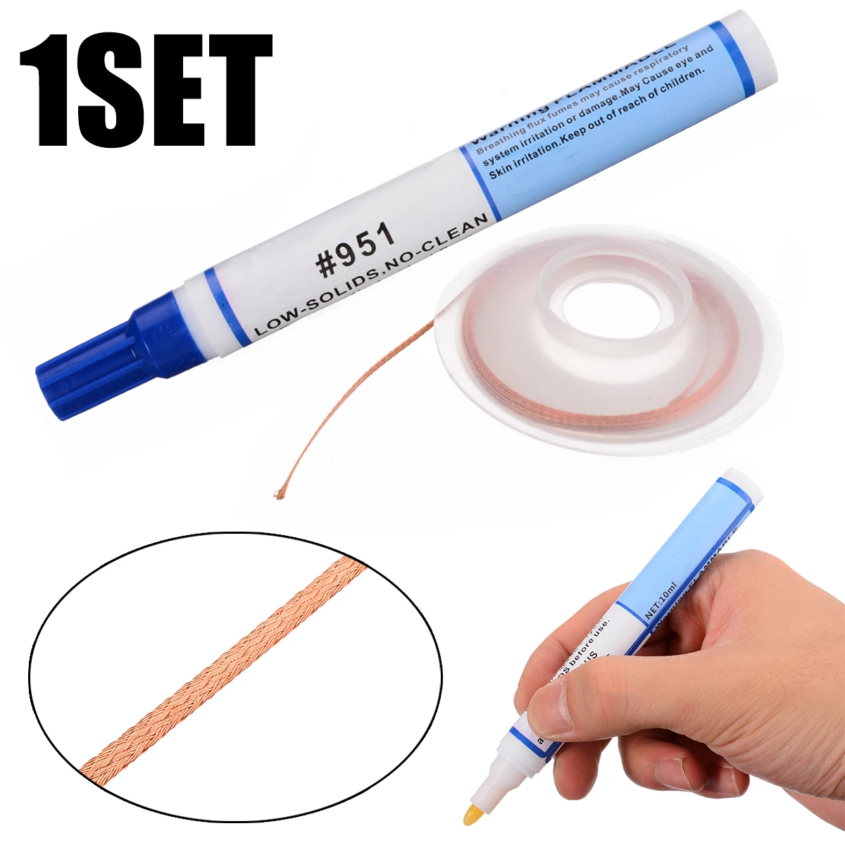 951 10ML Soldering Rosin Flux Pen Low-Solid Non-clean + 2mm Desoldering Wick For Soldering Solar Panel DIY Power Panel