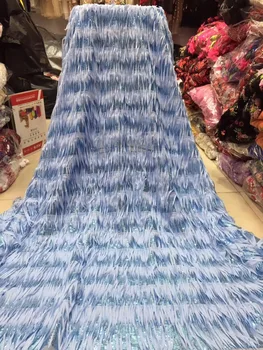

African fabric Sky Blue french lace fabric with long sequins fabrics for dresses embroided tulle lace fabrics 5yard/set