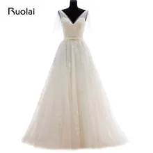Real Image V-Neck Ideal Wedding Dresses Long Lace Back Tulle Sash Embroidery Bridal Gown for Wedding Vestido de Novia ASAW26