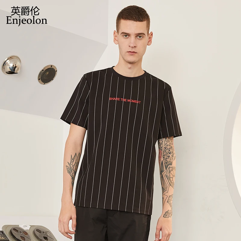 

Enjeolon Brand Summer T shirt Short Sleeved O-neck Striped Casual Tshirt Streetwear Male Top Tee Shirt New Arrival T7368