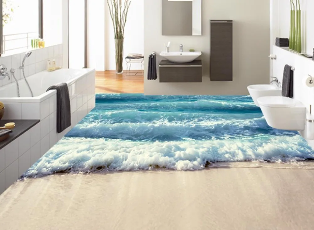 

Custom 3d floor ocean waves wallpaper 3d floor bathroom self-adhesive waterproof wallpaper pvc flooring adhesive