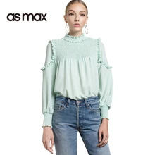 asmax 2017 Basic Ruffles Women Shirts Long Sleeve Stand Collar Female Blouses Solid Color Casual Slim Ladies Shirts