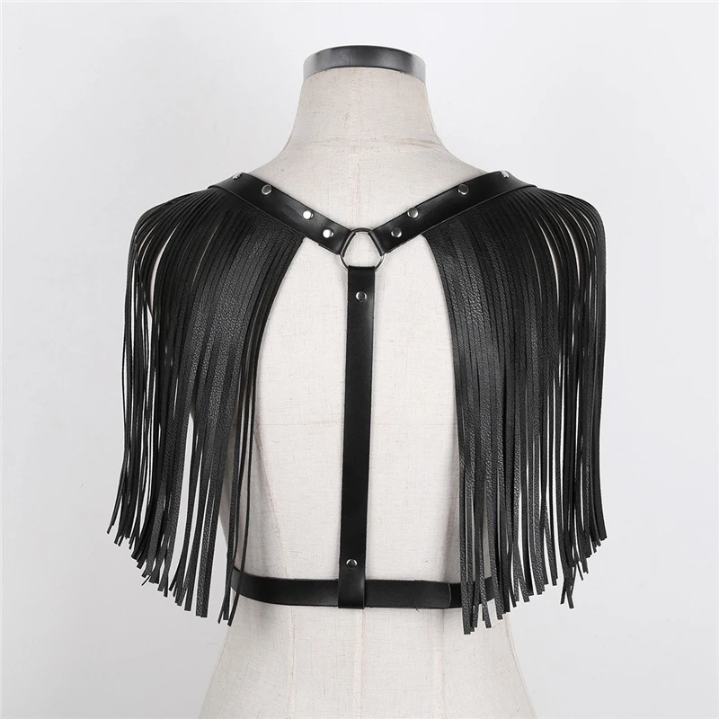 

Gothic White Black Leather Long Tassels Harness Waist Belt Women Body Caged Bondage Belts Clothing Club Party Rave Festival Top