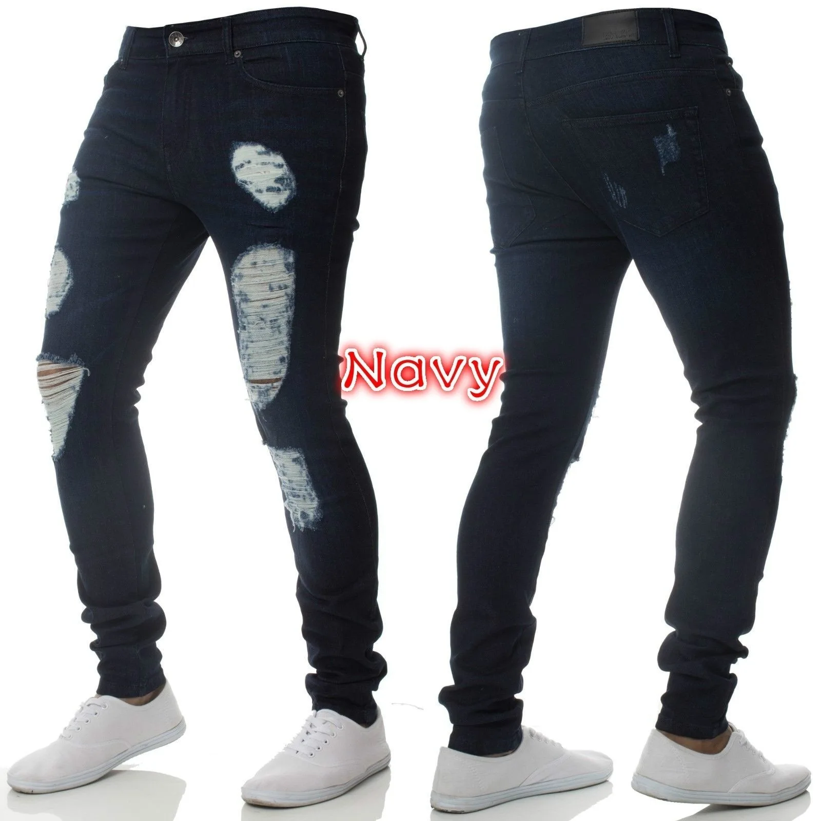 Мужские повседневные узкие джинсы мужские джинсовые штаны однотонные черные рваные джинсы мужские рваные джинсы попрошайки homme с дырками до колена для мужчин - Цвет: DarkBlue