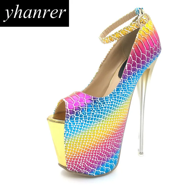 

New Women Extreme High Heels rainbow colorful Platform Serpentine Pumps Peep Toe Buckle Strap High Heel Shoes heeled 16cm Y162