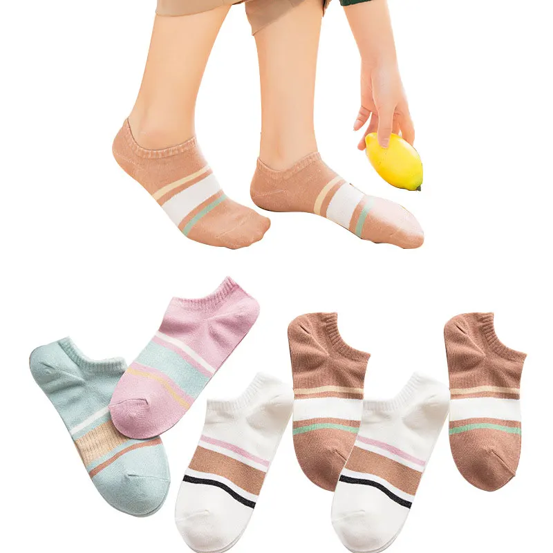 PADEGAO 5 pairs women girl striped cotton socks female short boat sock