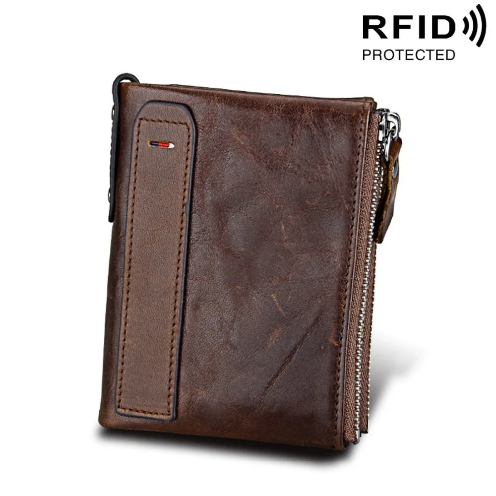 

RFID Male Wallets Genuine Cow Leather Double Zipper Short Purses Card Holder Coin Pocket Vintage High Quality Brand Men Wallets