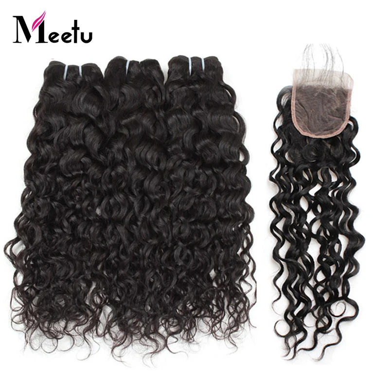 

Meetu Brazilian Water Wave Bundles With Closure 4x4 inch 3 Bundles with Closure 100% Human Hair Bundles with Closure Non Remy